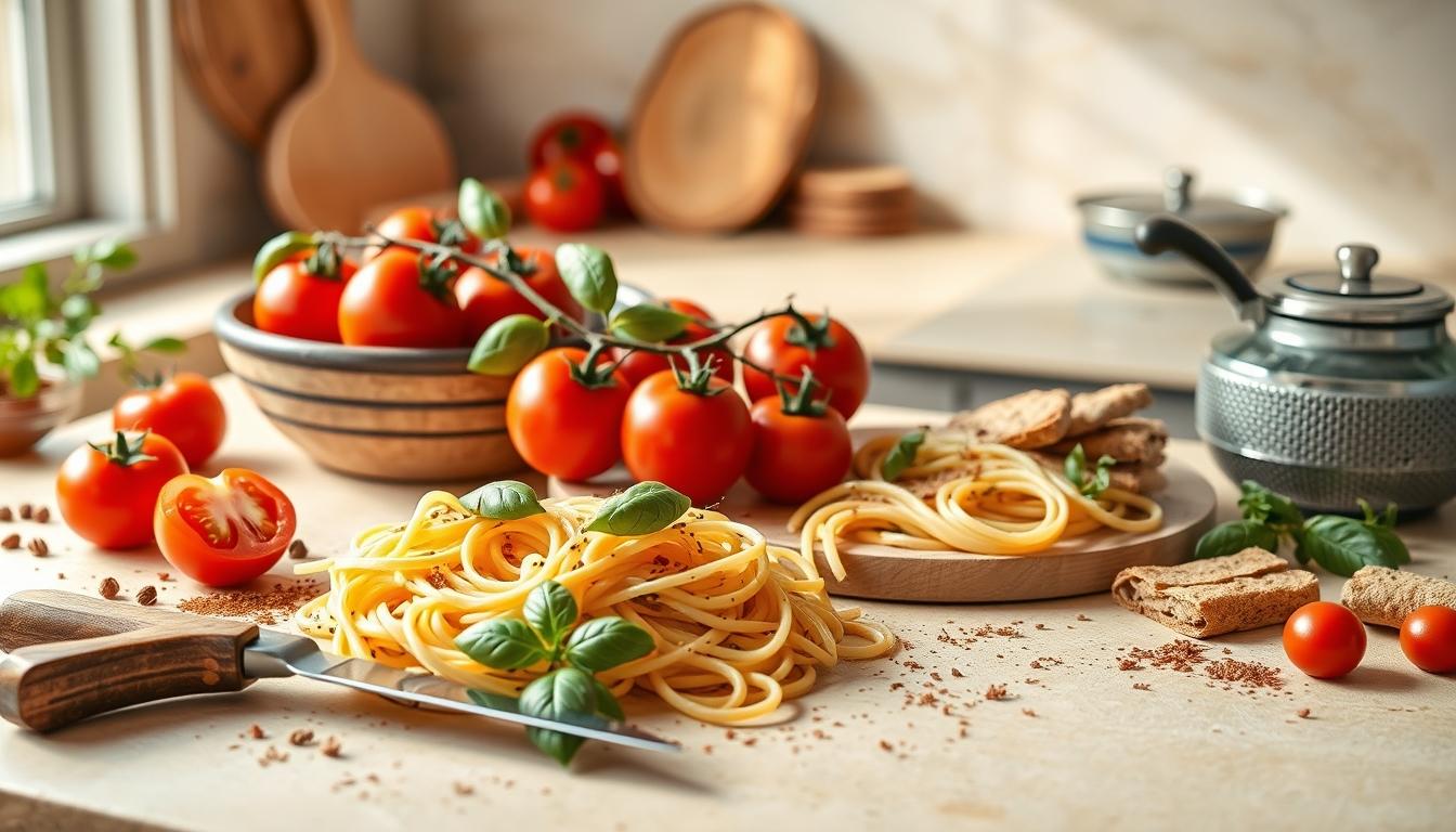 Measured baking ingredients prepared on a counter